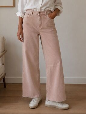 Zara The Marine Straight Blush Pink Wide Leg Jeans Frayed Hem Size 10 Casual